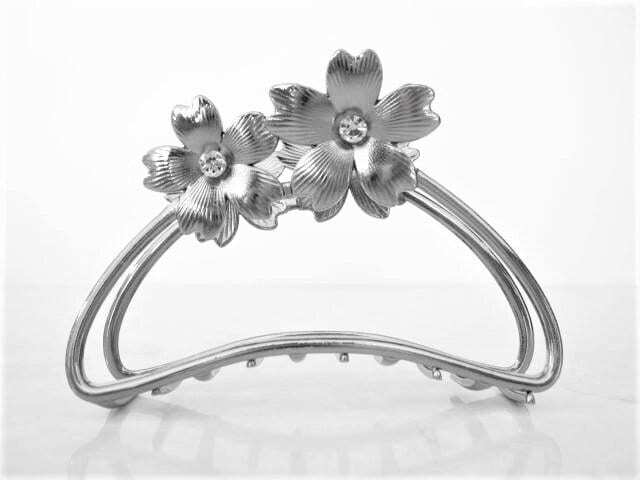 Bronze rose gold silver tone metal hair claw clip with crystals and flowers