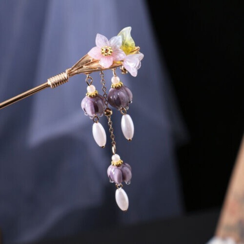 1Pc Chinese Ancient Hanfu Hairpin Purple Step Shake Tassels Elegant Headdress