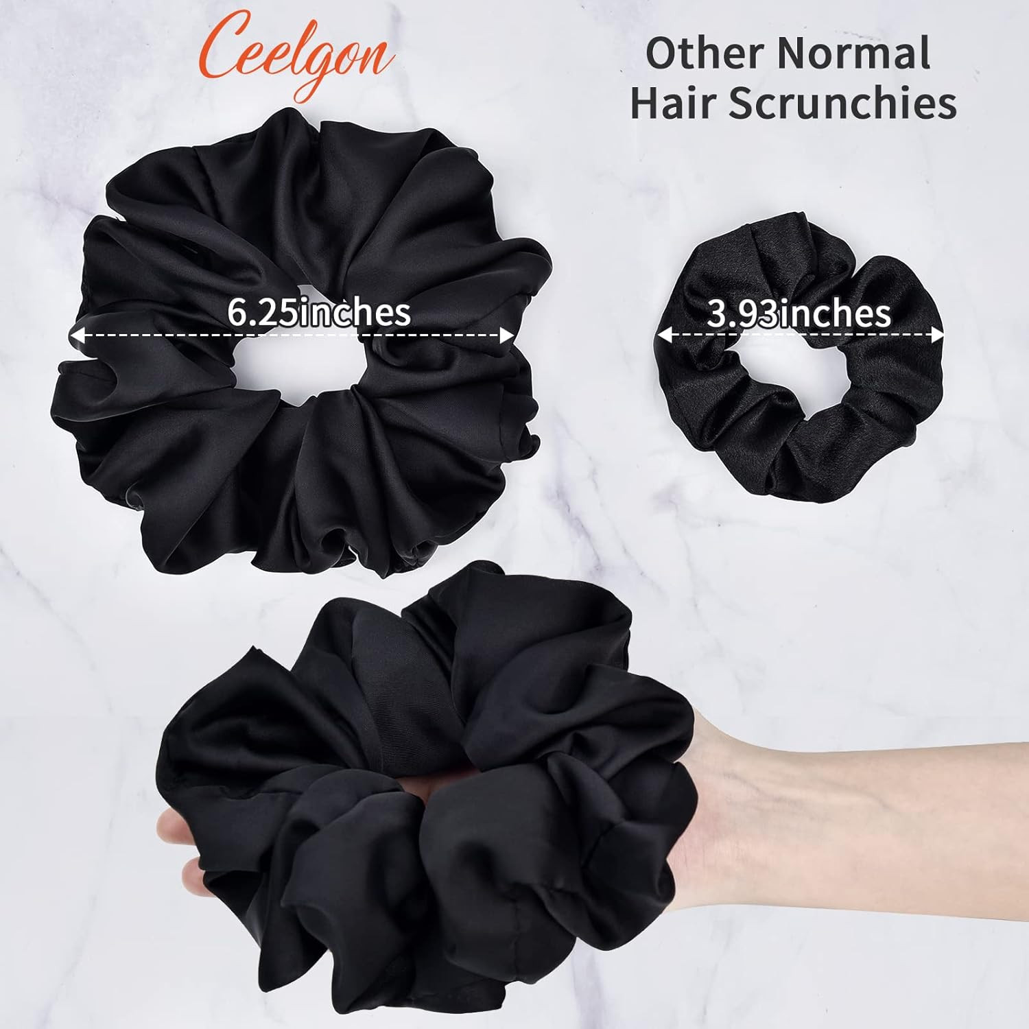 Black Satin Scrunchies 6 Pack Large 6.3 Inch Oversized Hair Ties Women Fashion X