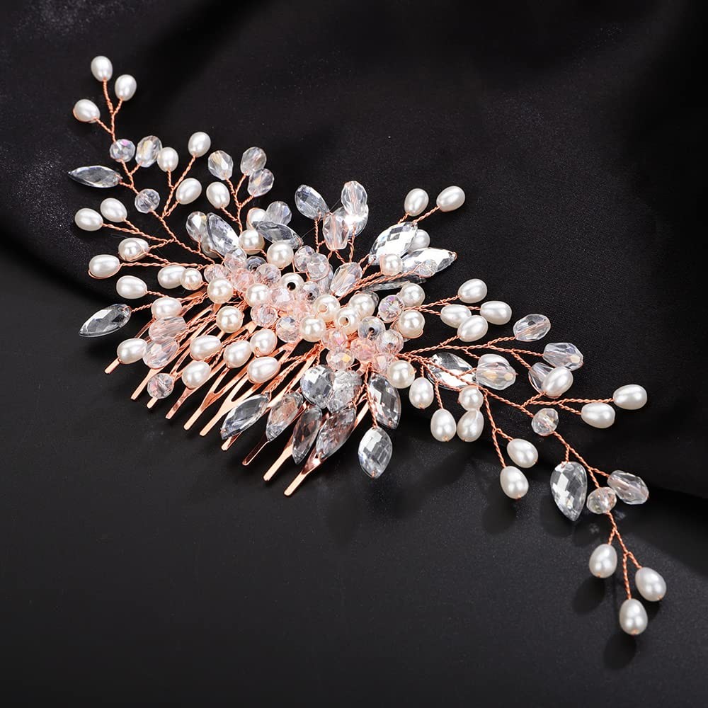 Rose Gold Crystal Bridal Hair Comb Wedding Pearls Rhinestones Headpiece