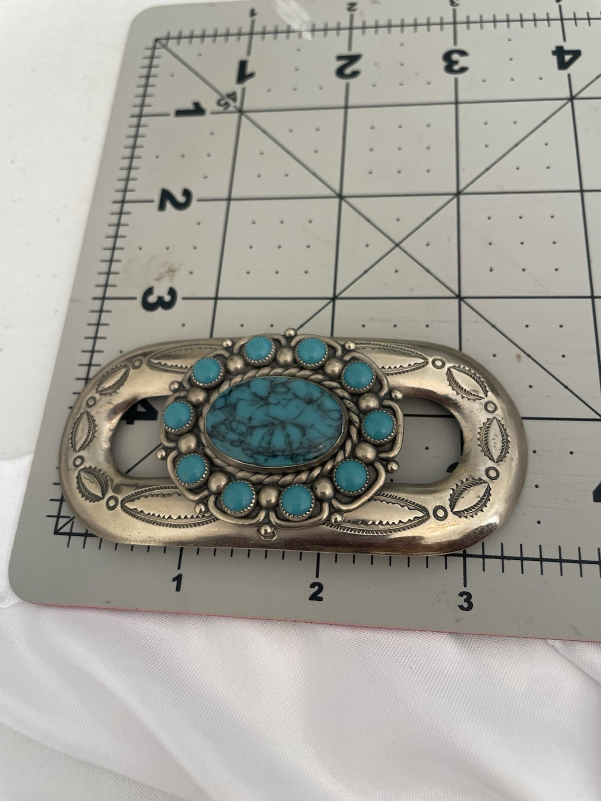 VTG Bell Trading Post Nickel Silver Faux Turquoise Hair Holder Or Belt Ornament