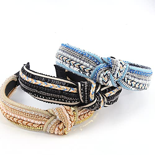 Knotted Boho Headbands for Women, 3 Pack Beaded Headbands Knot Headband,