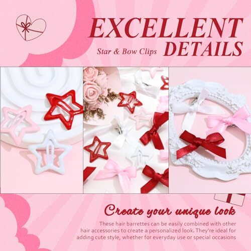 24PCS Hair Clips Set – 3 Colors White, Pink Mini Satin Bows and Star Snap Red