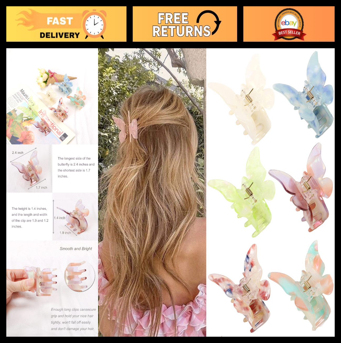 Butterfly Tortoise Shell Hair Claw Clips – 6 Pack Jaw Clips for Girls & Women