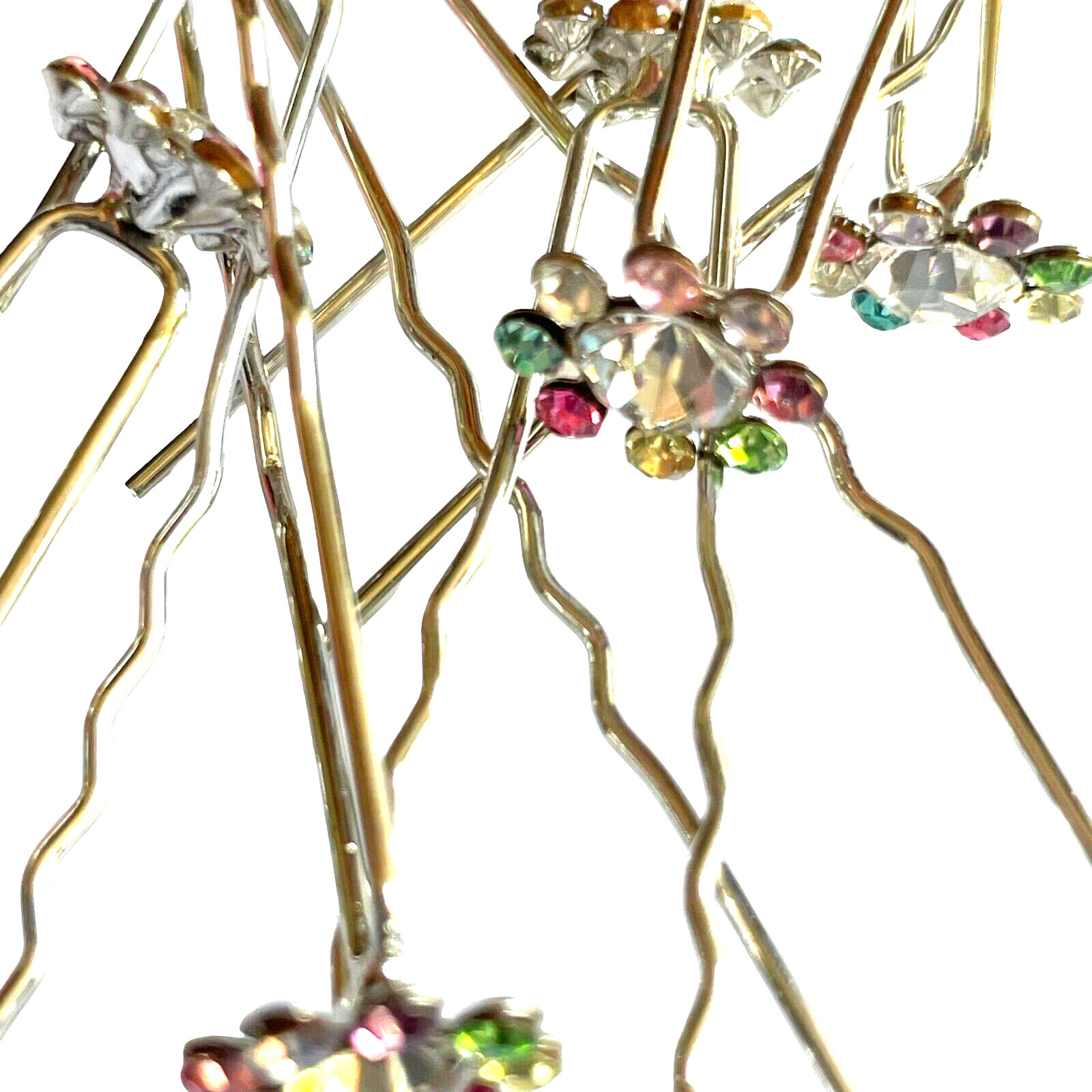 Hair Pins Pack Multicoloured Diamantes PrettyFlower Shape Silver Pin Beauty