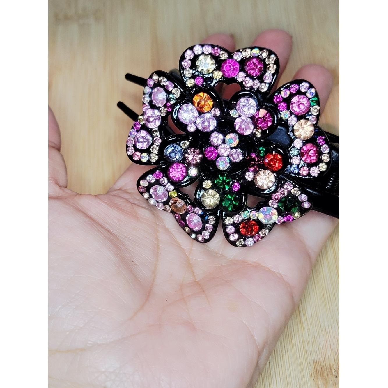 Y2K Rhinestone Butterfly Hair Clip Black Acrylic Amber Crystal AB Barrette
