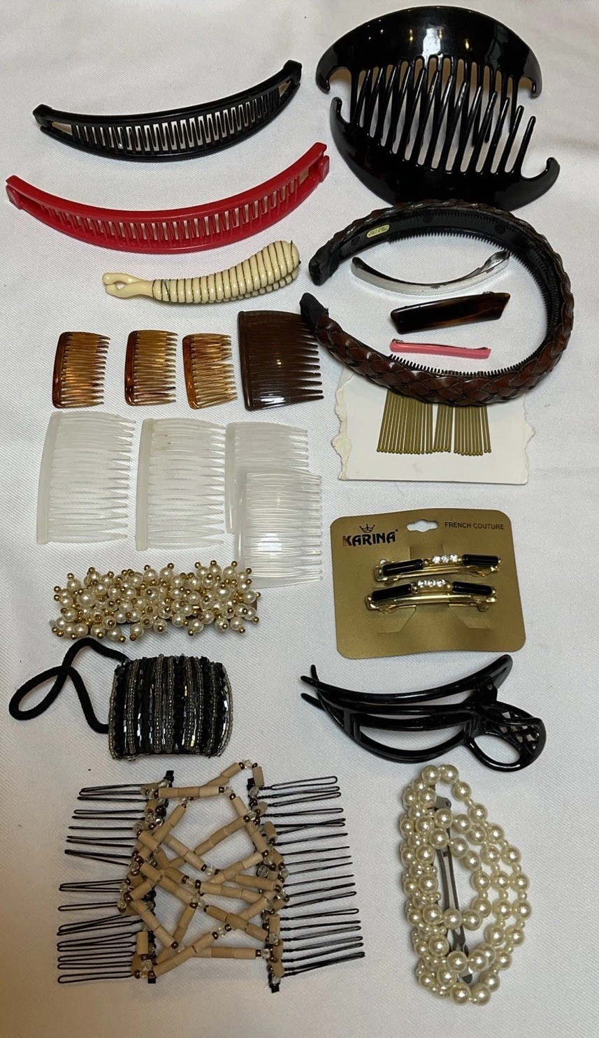 Vintage Hair Accessory Lot Of 24 Banana Clip Barrette Combs Pins Band Cincher