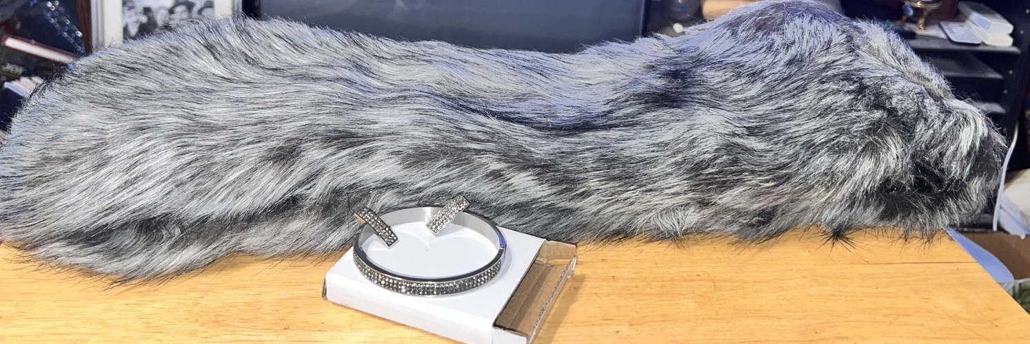 Faux Fur Gray 40 Inch Long Stole Winter Accessory, Bracelet, and Earrings Set