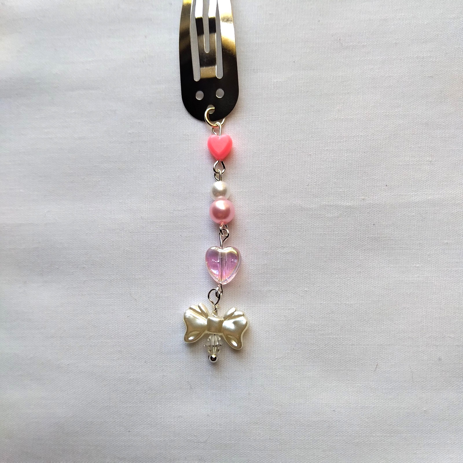 White Bow Pink Heart Beaded Cottagecore Dangle Accessory Hair Clip Barrette