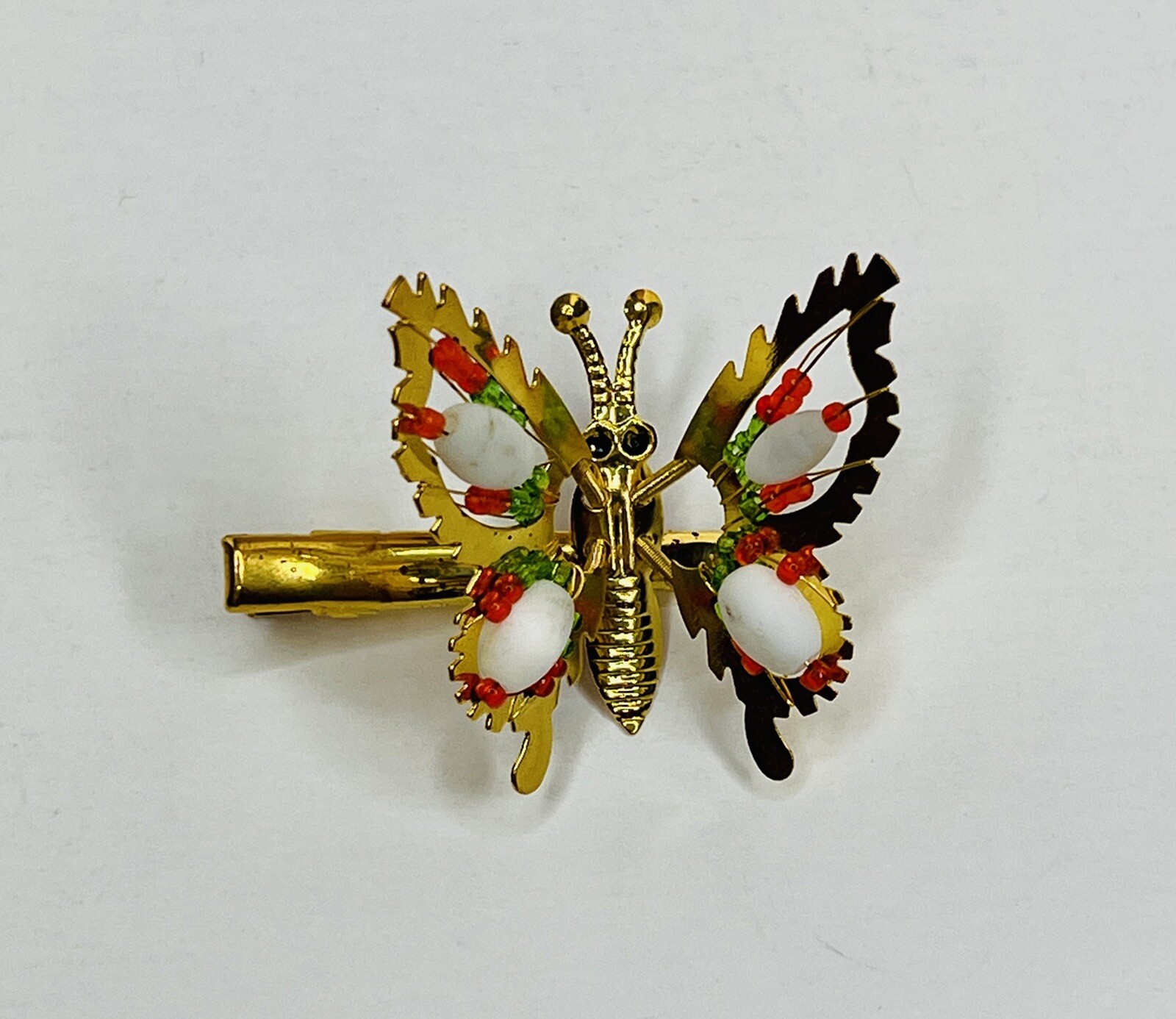 Vtg Hair Clip Green Orange Bead Butterfly Moveable Wings Trembler Gold Tone NEW