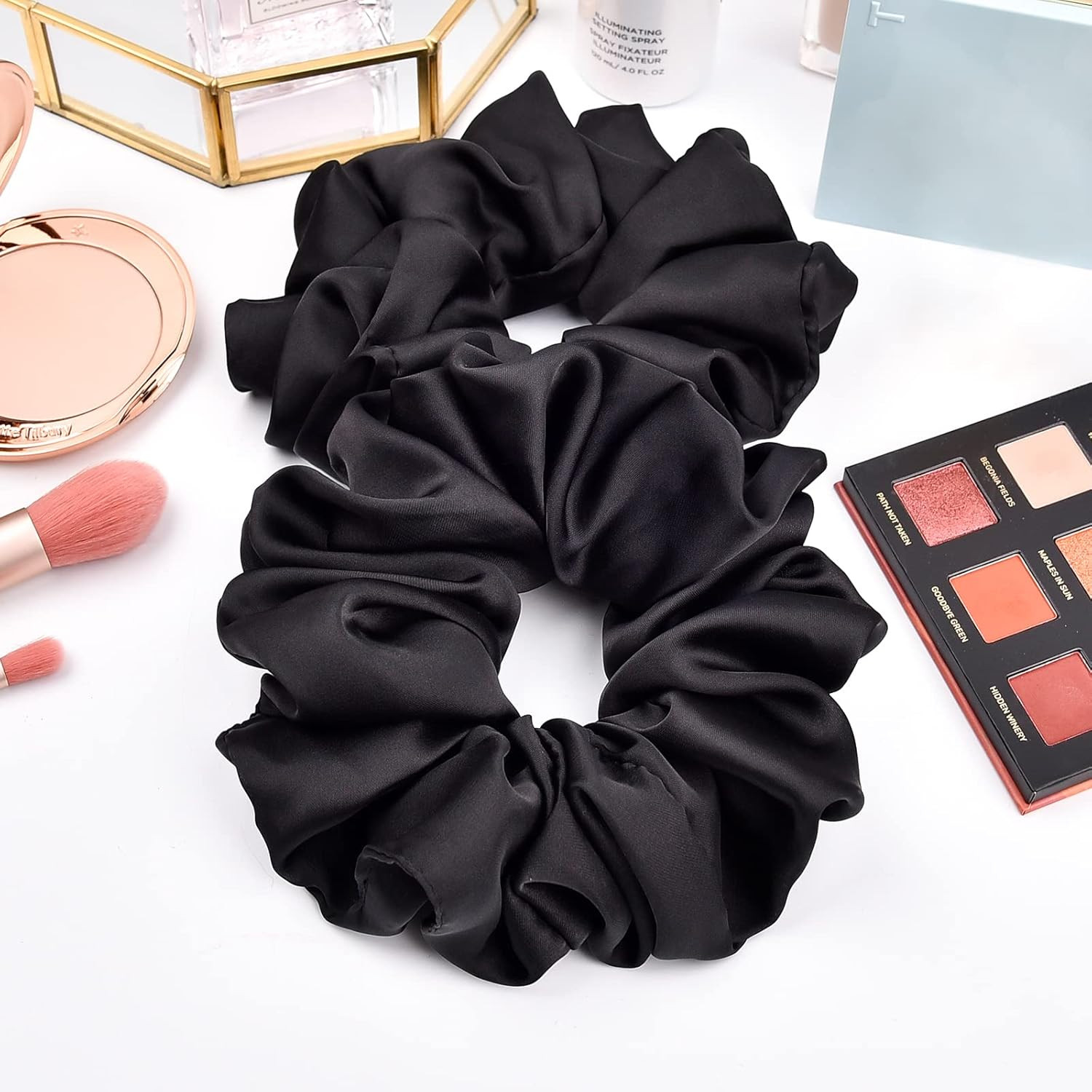 Black Satin Scrunchies 6 Pack Large 6.3 Inch Oversized Hair Ties Women Fashion X