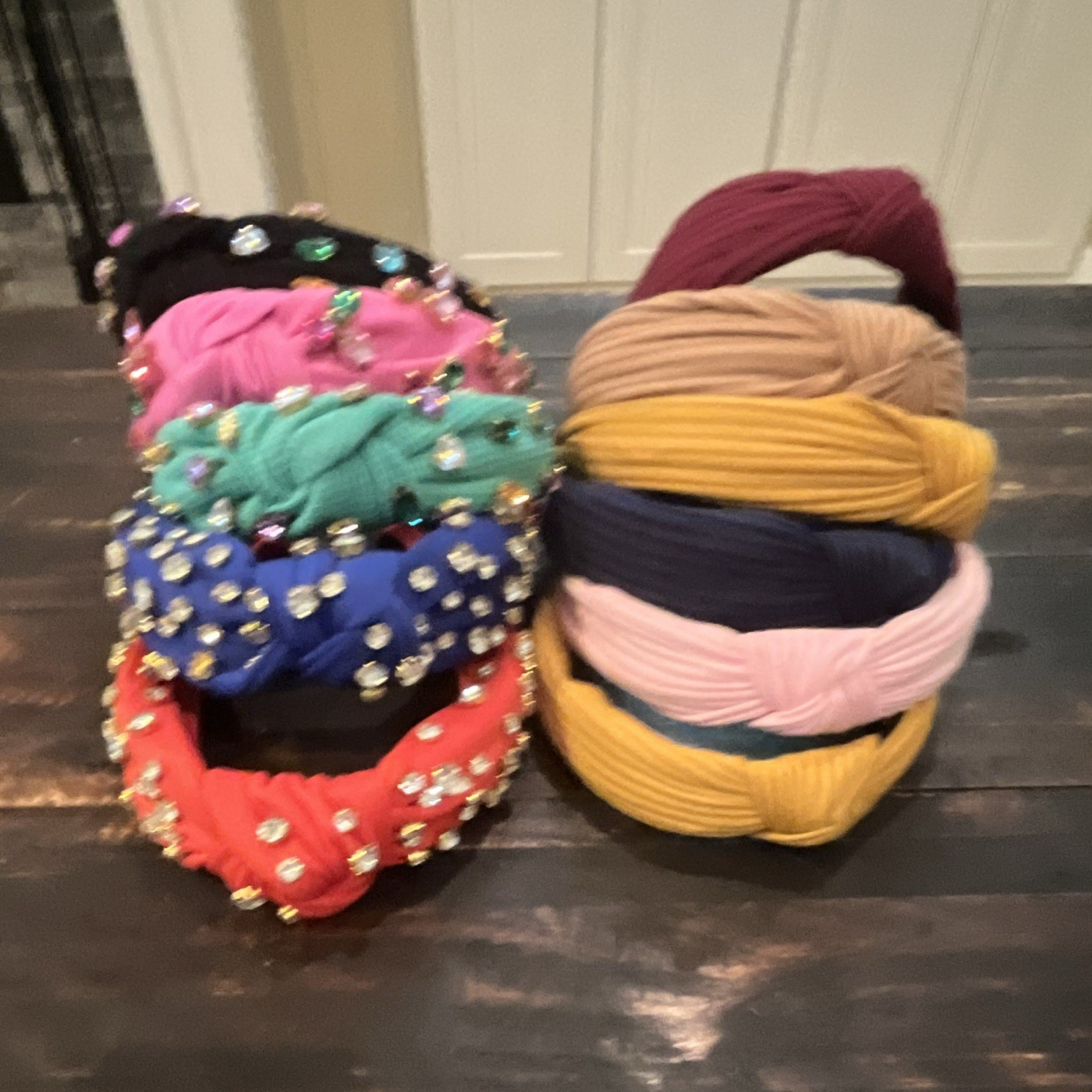 Women’s Multicolor Fabric Knotted Turban Headband with Beaded Accents Solid