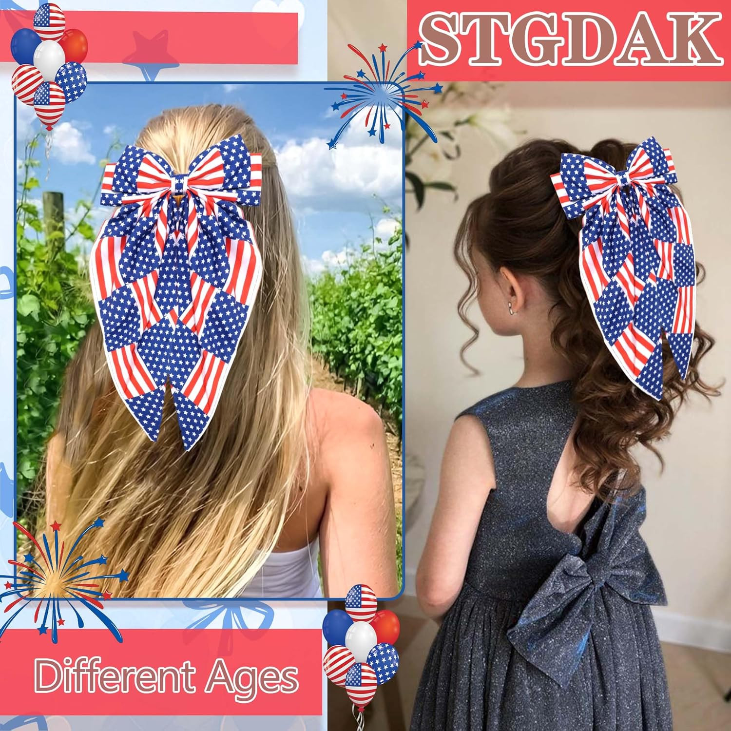 4Th of July Hair Bow Clips for Women Red White Blue Bow Hair Accessories USA Fla