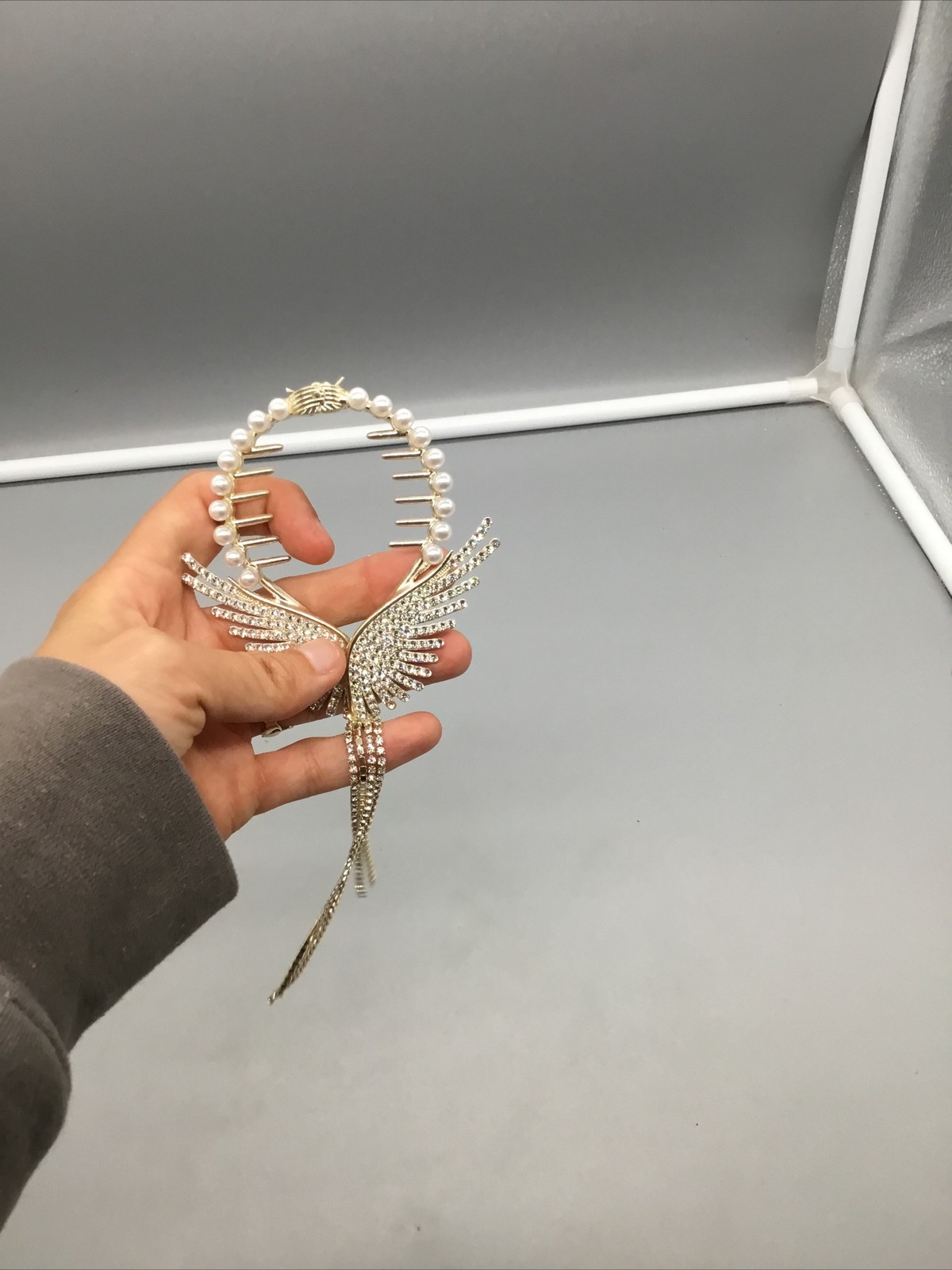 Sequin Studded Angel Wing Hair Clip w/ Pearl Stones & Dangling Sequins NEW