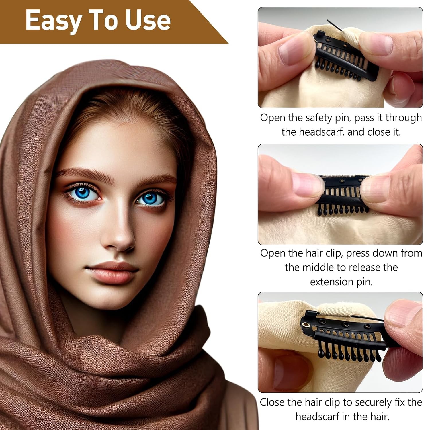 10 Pcs Safety Pin Snap-Comb Hair Clips for Securing Dupatta, Turban, Scarf,