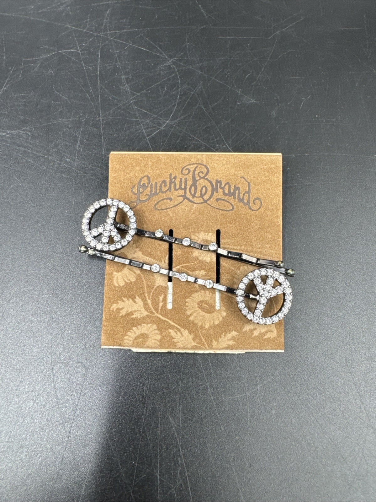 LUCKY BRAND! Peace Symbol Barrette Hair Pin Clip Black And Stone Color Bobby Pin