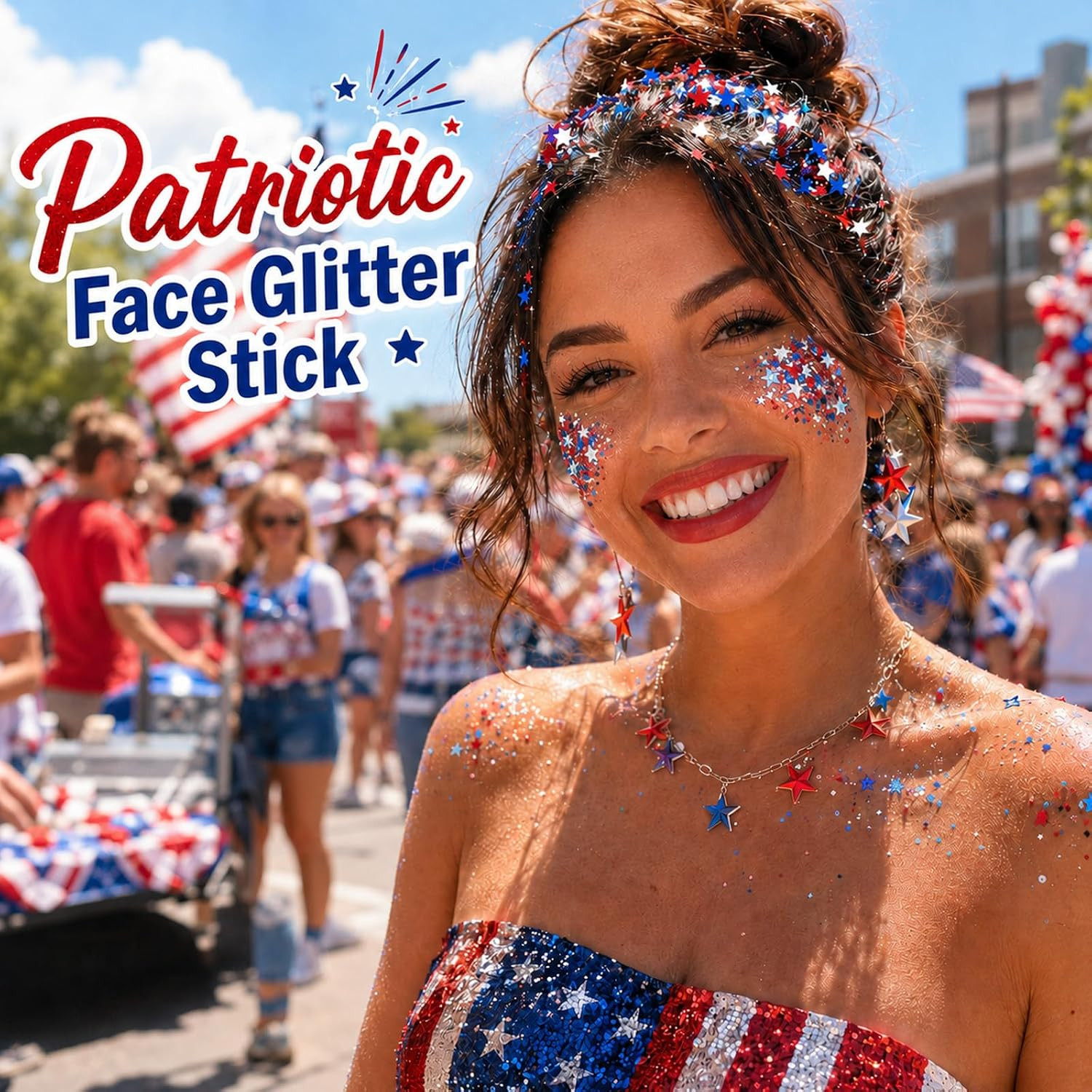 Red White Blue Hair Glitter Stick,4Th of July Patriotic America Stripe Star Face