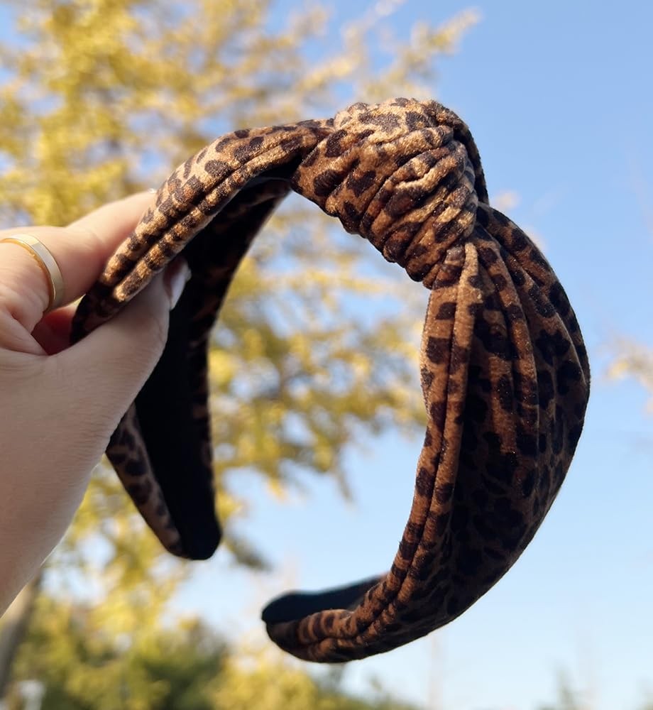 Brown Leopard Printed Wide Velvet Top Knotted Headband Hair Accessories Band