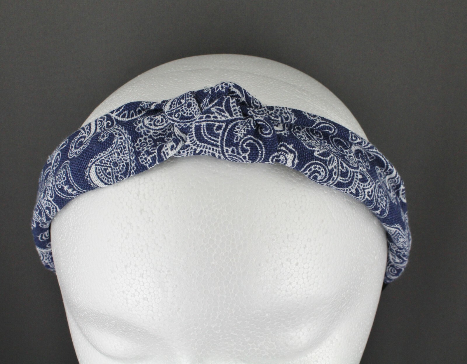 Dark Blue denim turban knot headband fabric covered grip teeth paisley chambray
