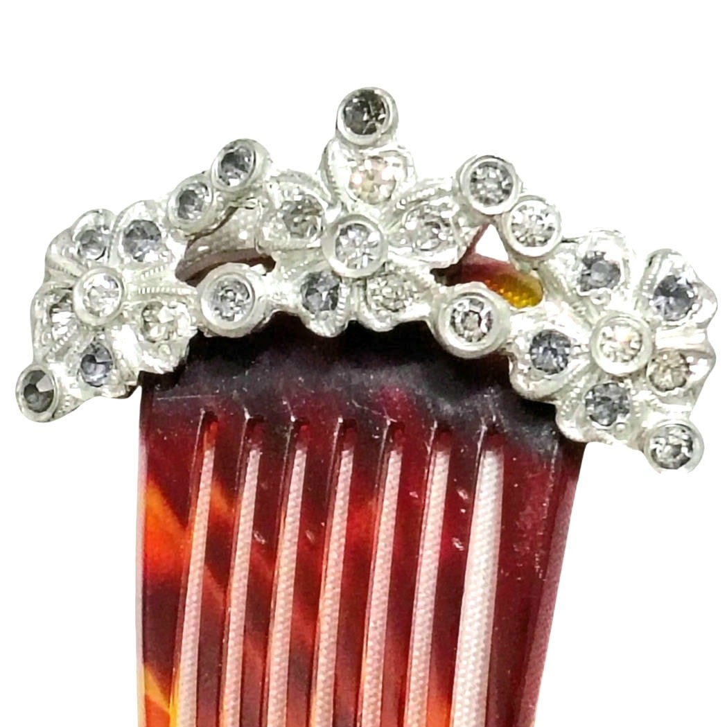 1920s Comb Tortoise Shell Celluloid Metal Gemstone Flower Adorned Hair Accessory