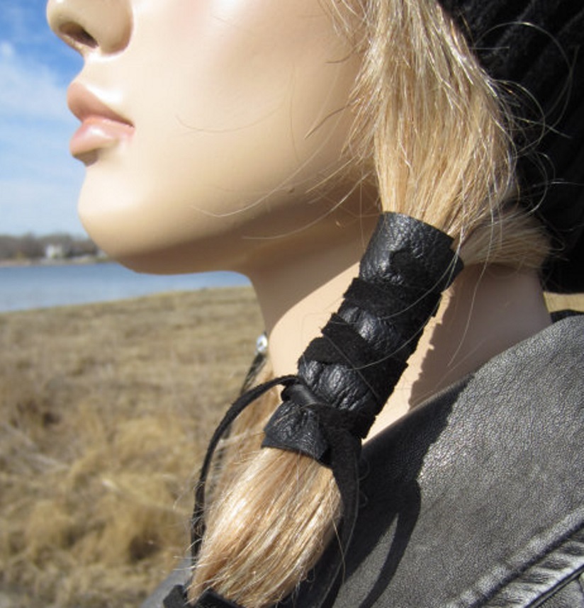 Leather Hair Ties Ponytail Holder Wrap Cuff BOHO Bohemian Clothing Jewelry Brown