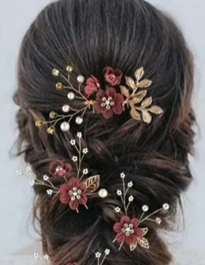 Hair Flower Comb & Pins Accessories – 4 Pieces Burgundy