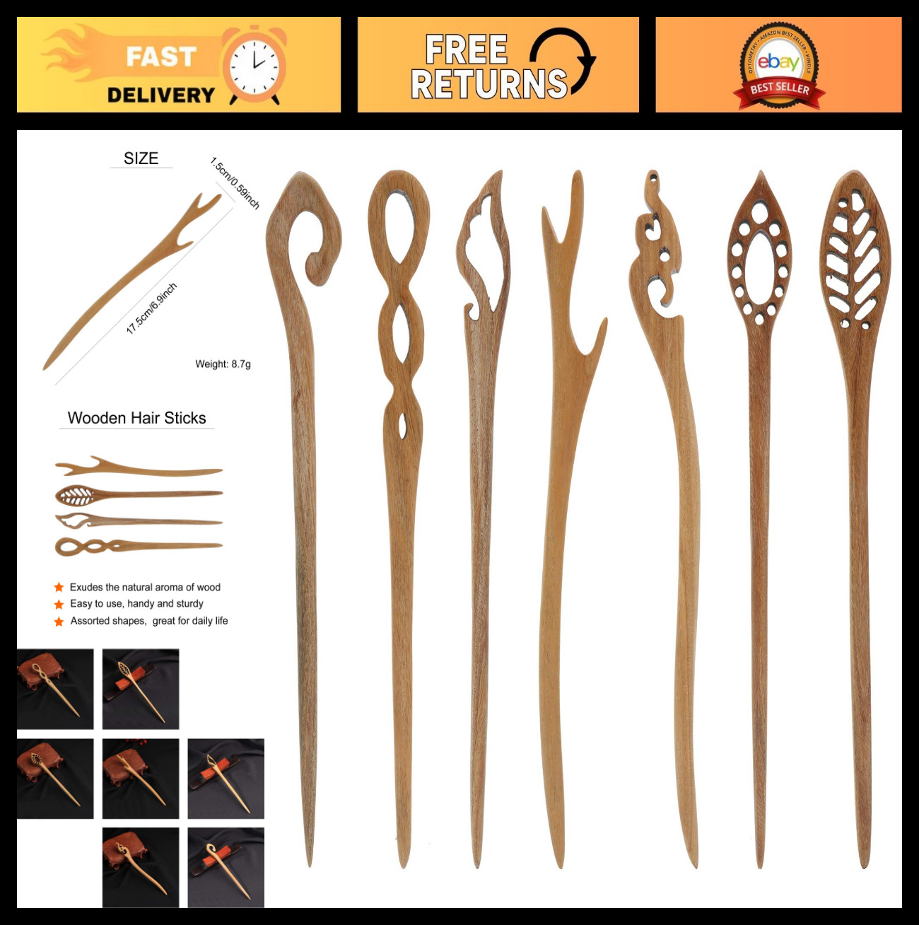 7 Pack Vintage Retro Wooden Hair Sticks & Pins – Handmade Sandalwood Chopsticks