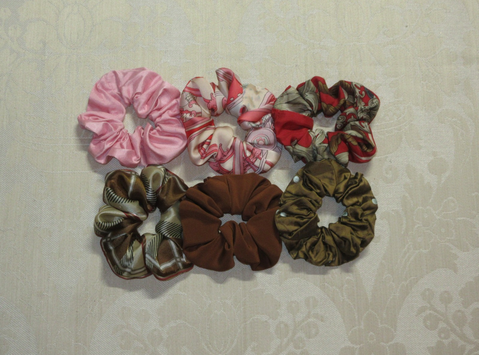 Handmade Boho Multicolor Silk Scarf Scrunchie Lot 6pc Red Pink Brown