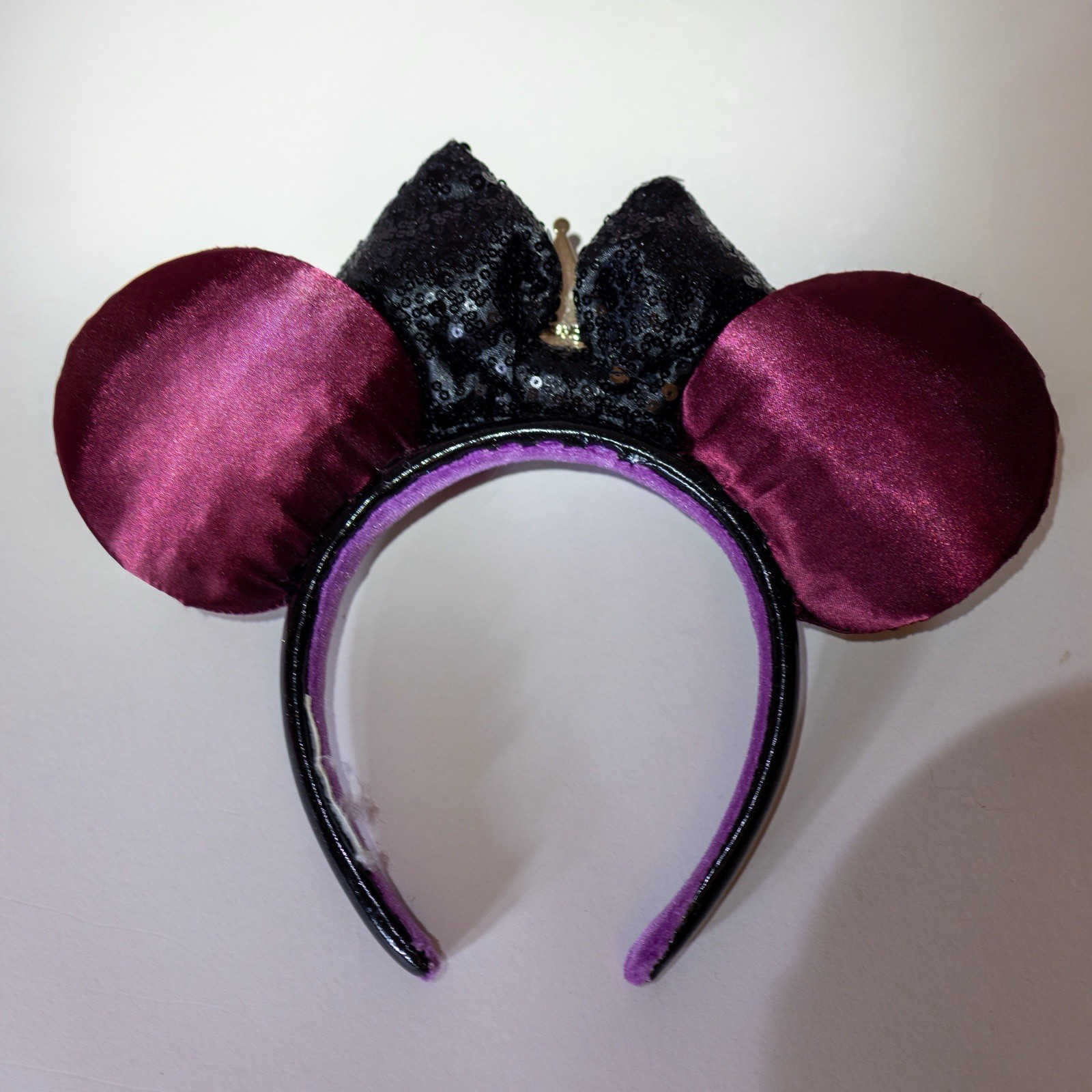 Maleficent Mouse Ears Headband Purple Black Green Sequin Bow, Padded Solid