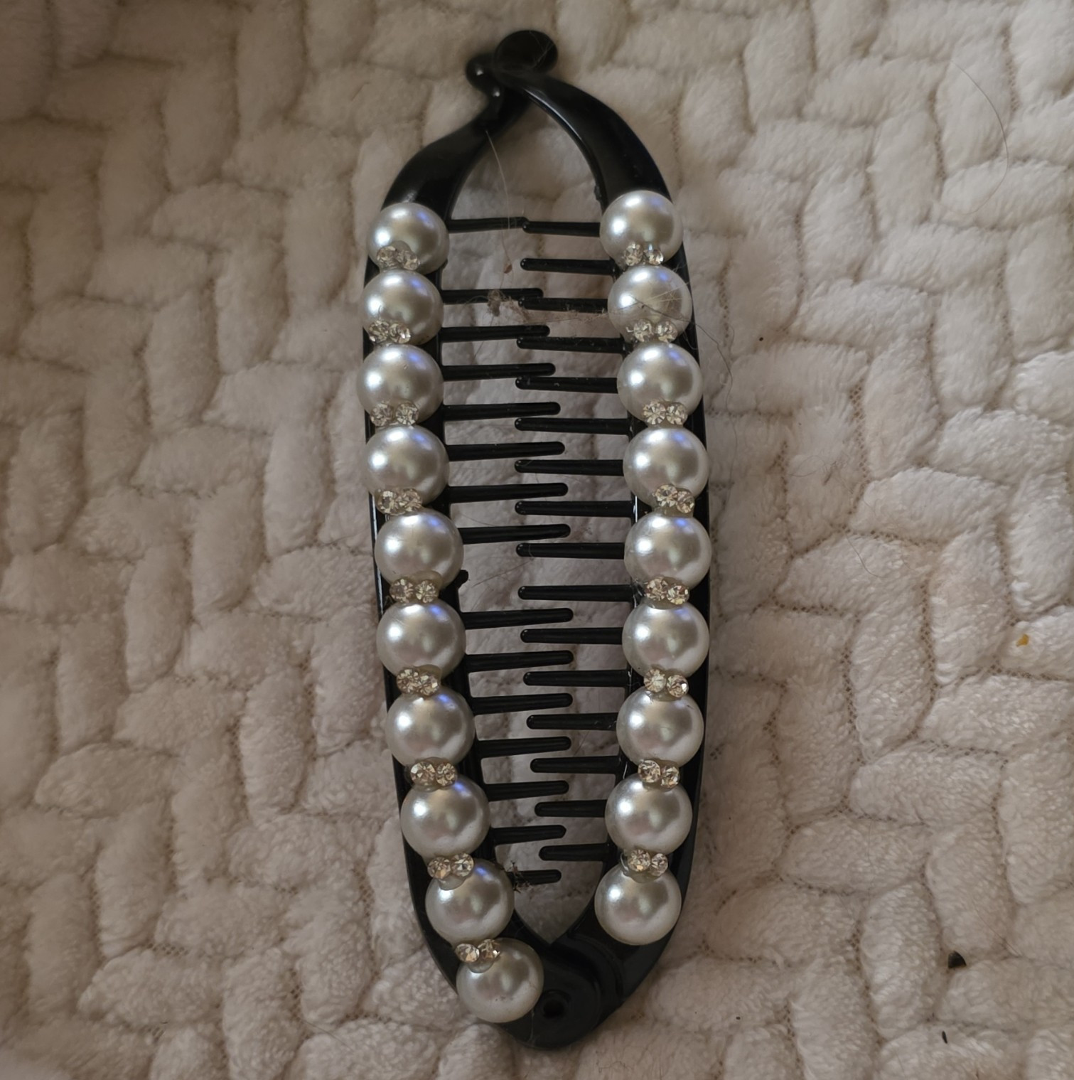 Black Plastic Hair Clip Barrette, White Beaded Accents, Women Teens Unisex