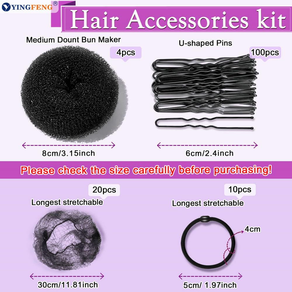 YINGFENG 134 Pcs Black Hair Bun Maker Kit Medium – 4 Bun Hair Pieces for Women,