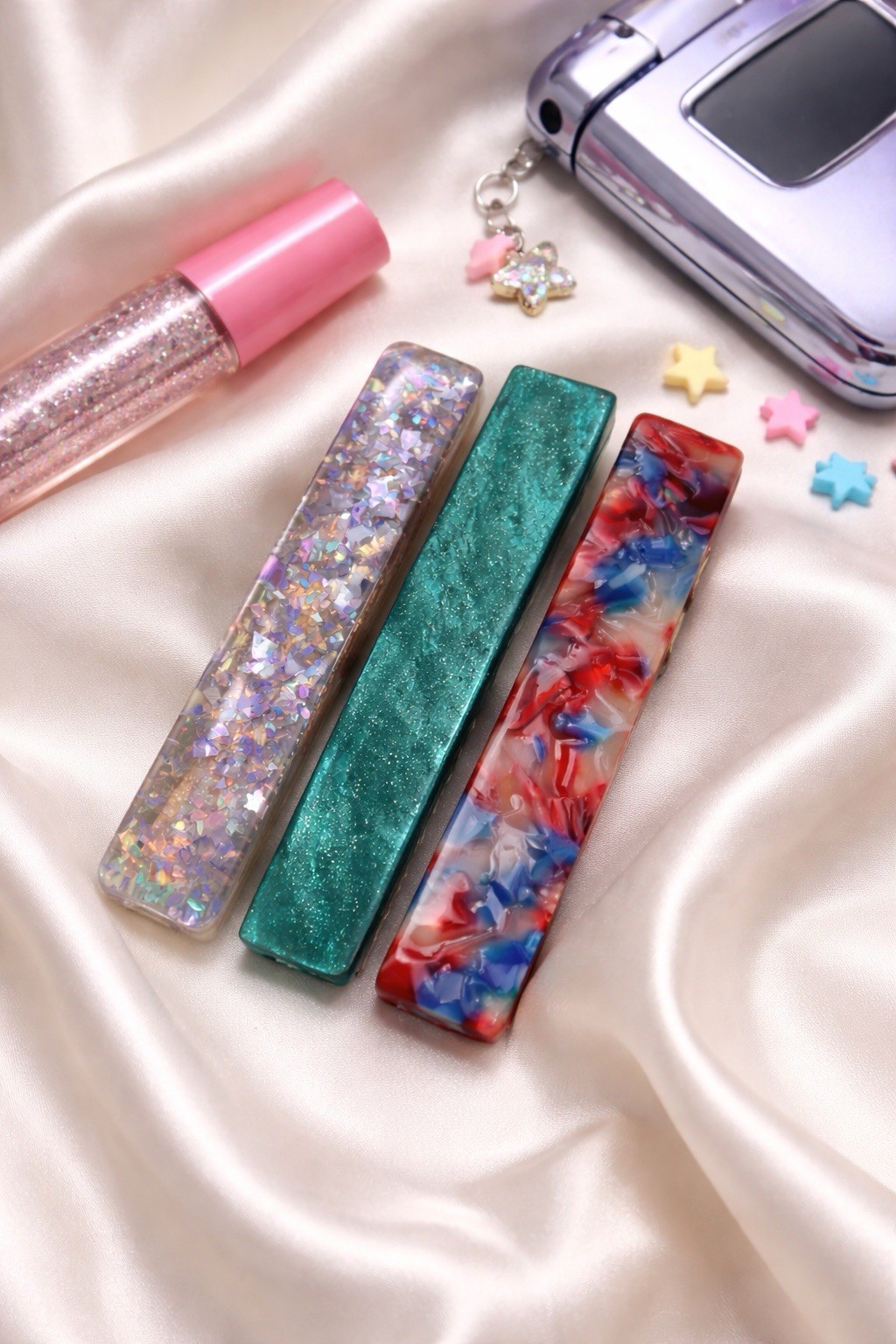 Multicolor Confetti Shimmer Acrylic Hair Barrettes Set of 3 French Clip Style