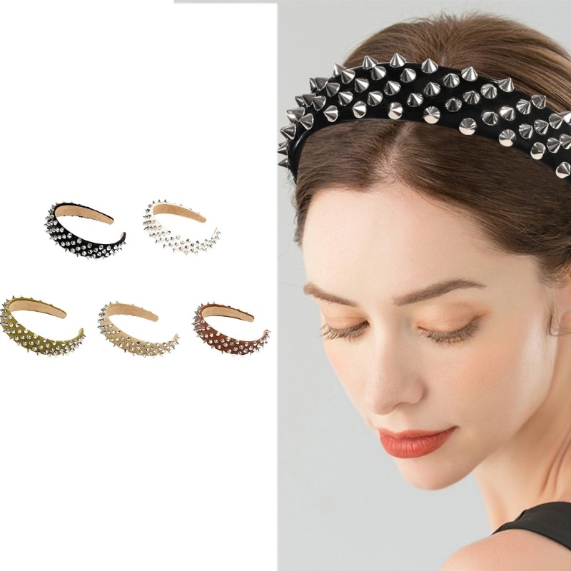 Faux-Leather Rivets Design Headbands Woman Yoga Makeup Elastic Stretch Headband