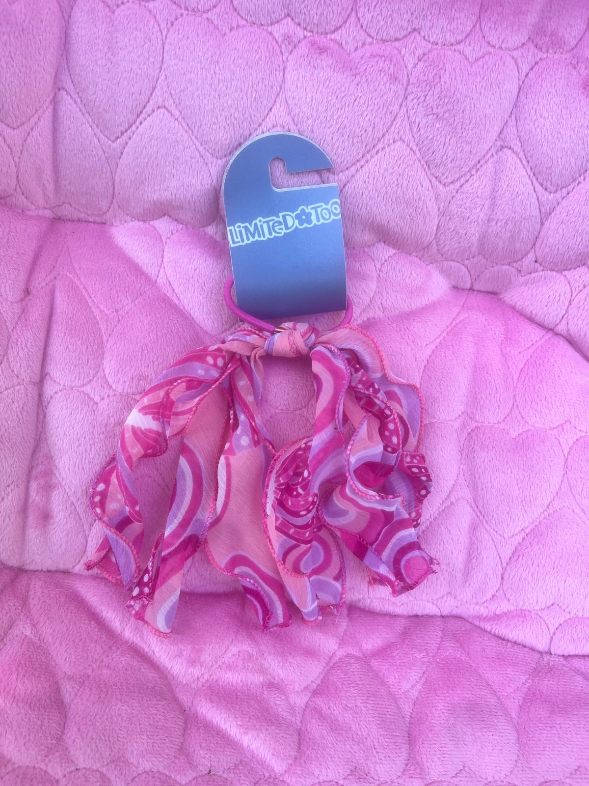 y2k Limited Too hair scrunchie features sheer, ruffled pink ribbon tails