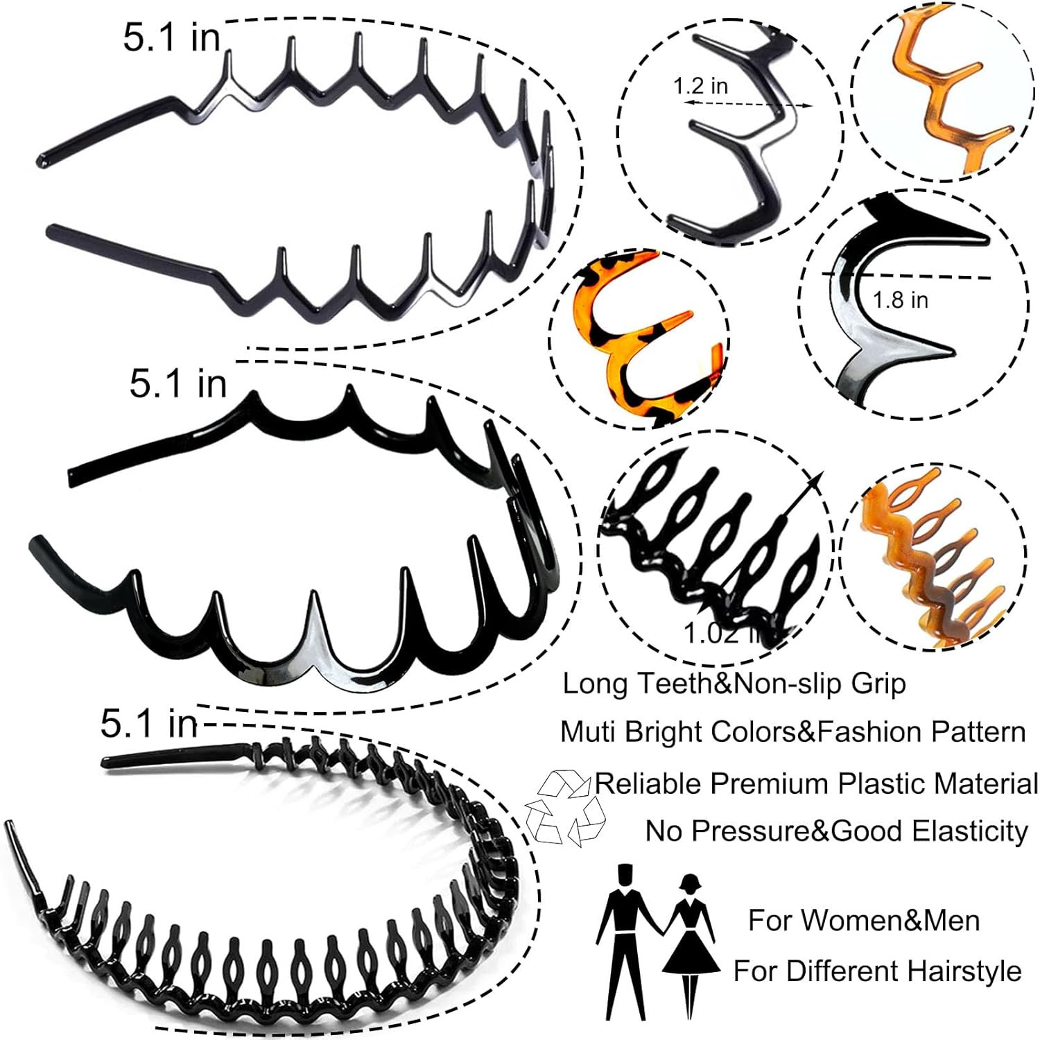 6 PCS Zig Zag Headbands Plastic Wavy Hair Head Band Comb with Teeth Hoop Accesso