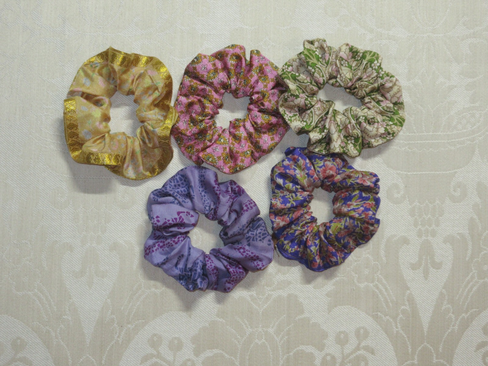 Handmade Boho Multicolor Silk Sari Floral Scrunchie Lot 5pc Pink Purple Gold