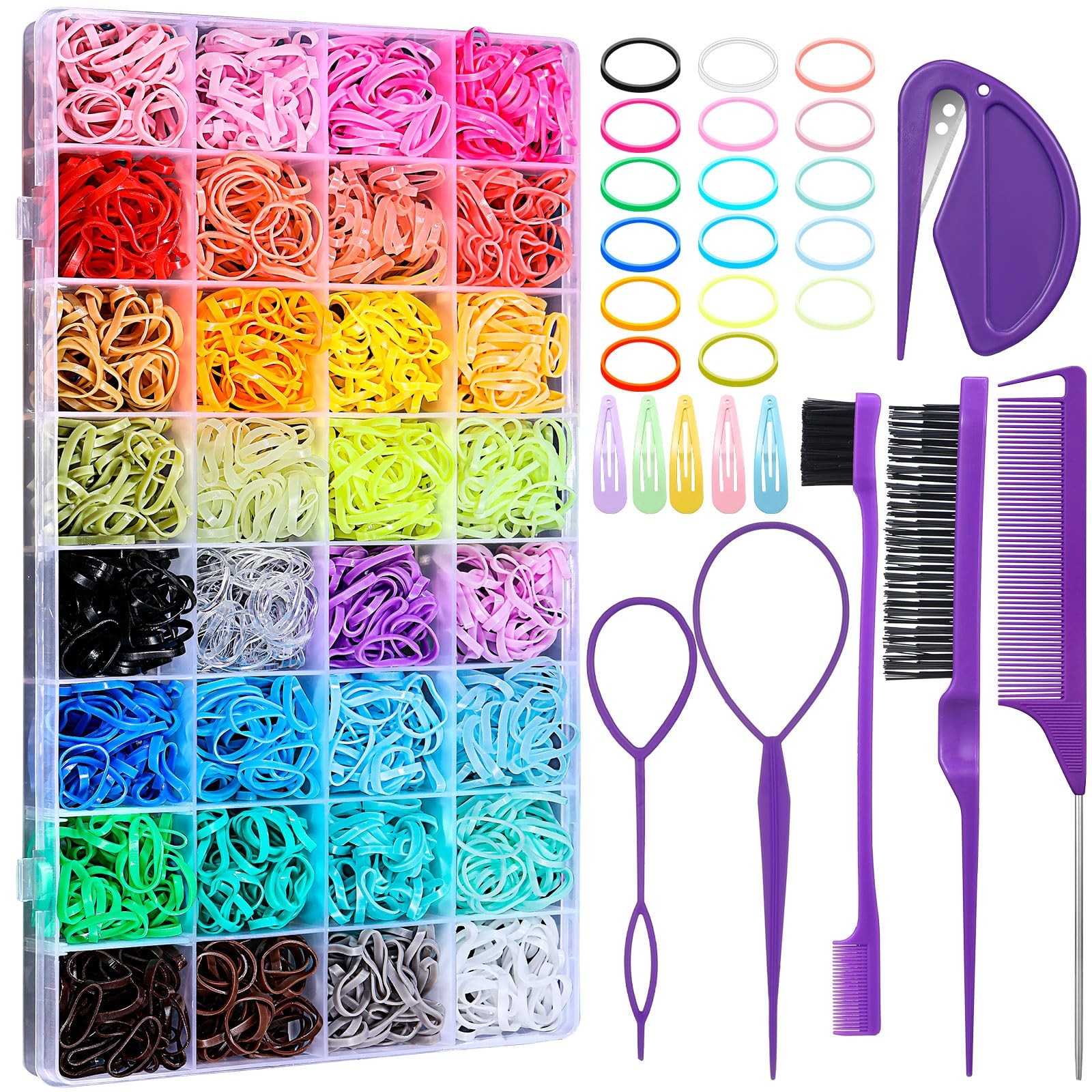 32 Colors Small Hair Rubber Bands with 16 Hair Styling Tools, 2000 Pcs Elastic G