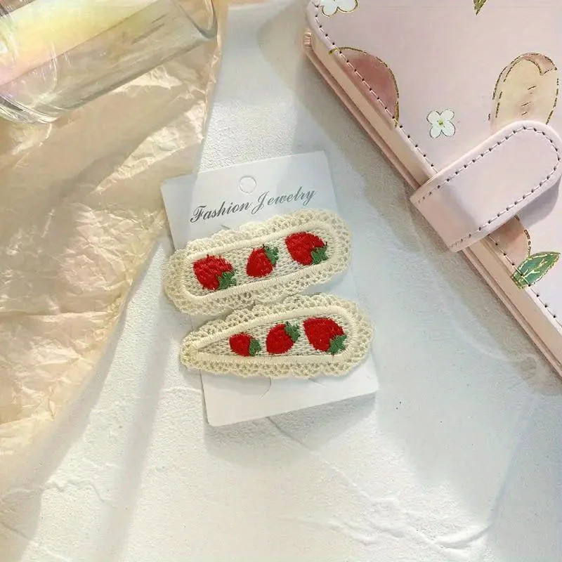 2Pcs Cute Hairpins, Colorful Knitted Cherry and Strawberry Hairpins, Lace Floral