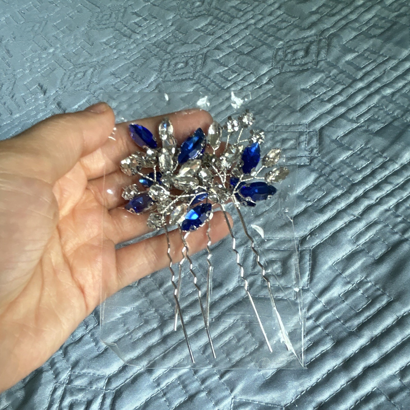 Silver Tone Floral Flower Hair Comb Pin Blue & Clear Rhinestones Wedding
