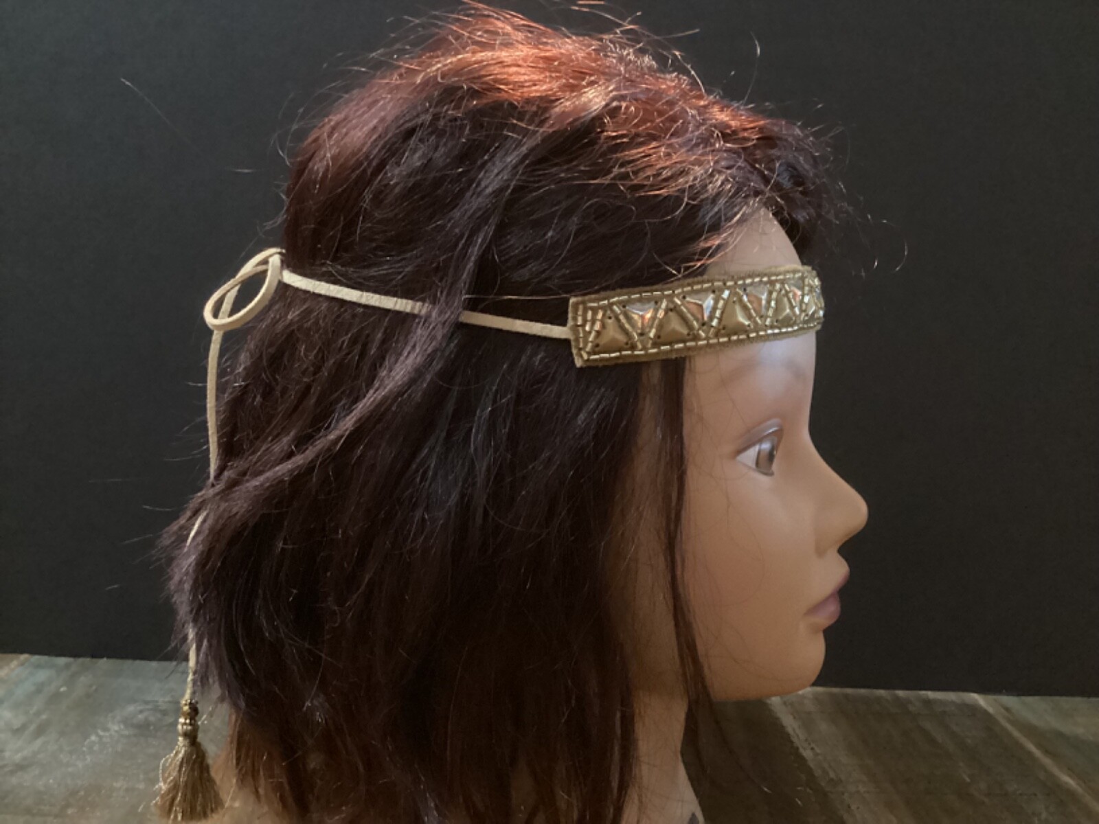 Deepa Gurnani gold Beaded boho hippy Headband leather tie w/tassels