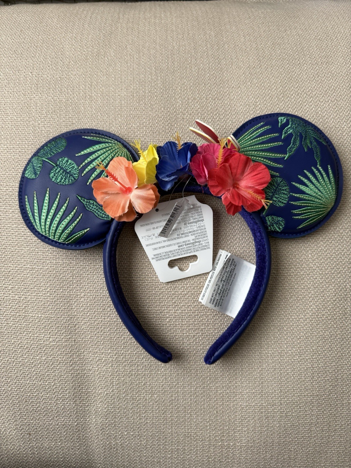Disney Minnie Mouse Tropical Minnie Ears Headband Blue Leather Embroidered