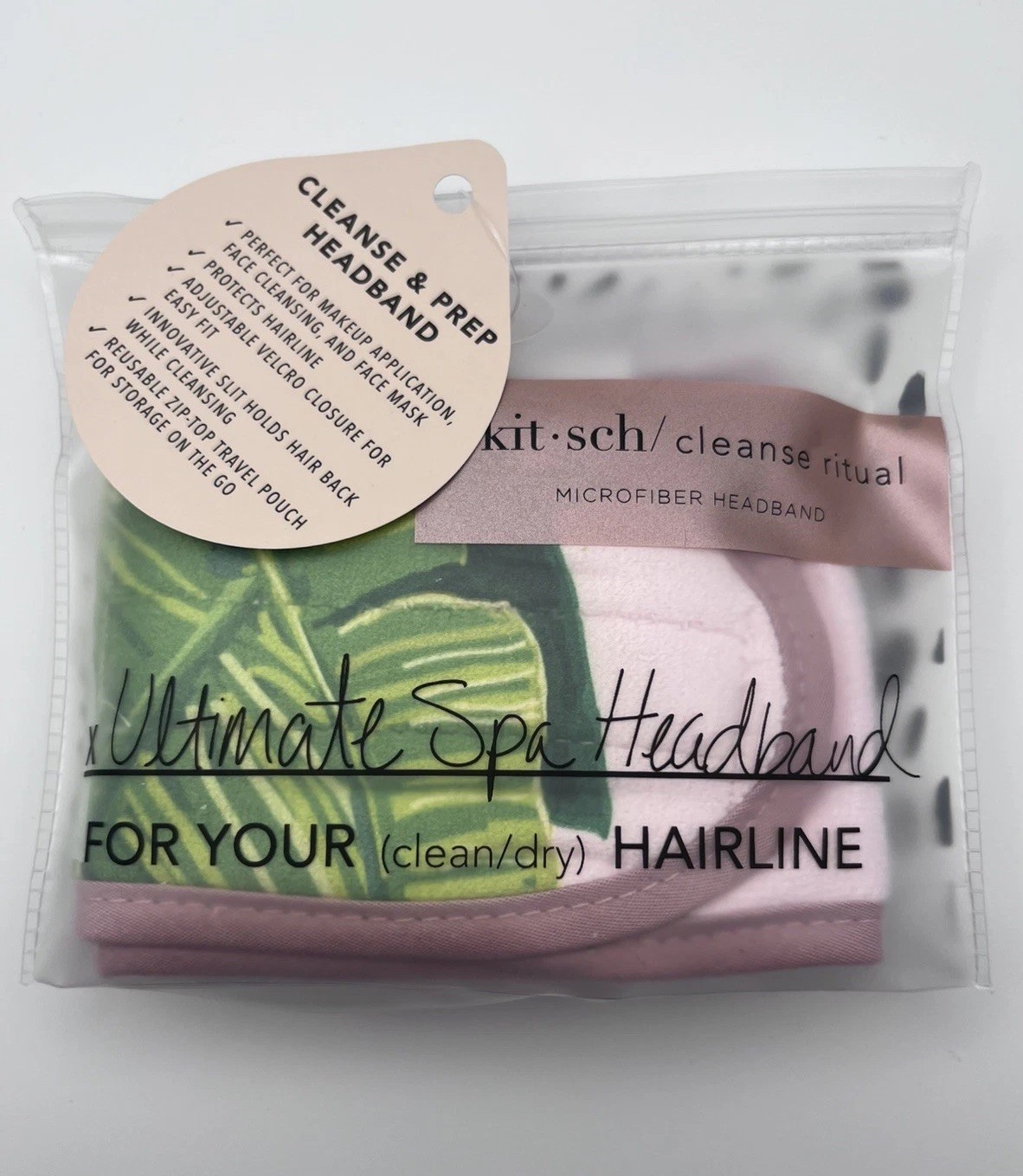 Kitsch Spa Headband Eco Friendly w/ Waterproof Pouch Pink Palm Leaf ~ New