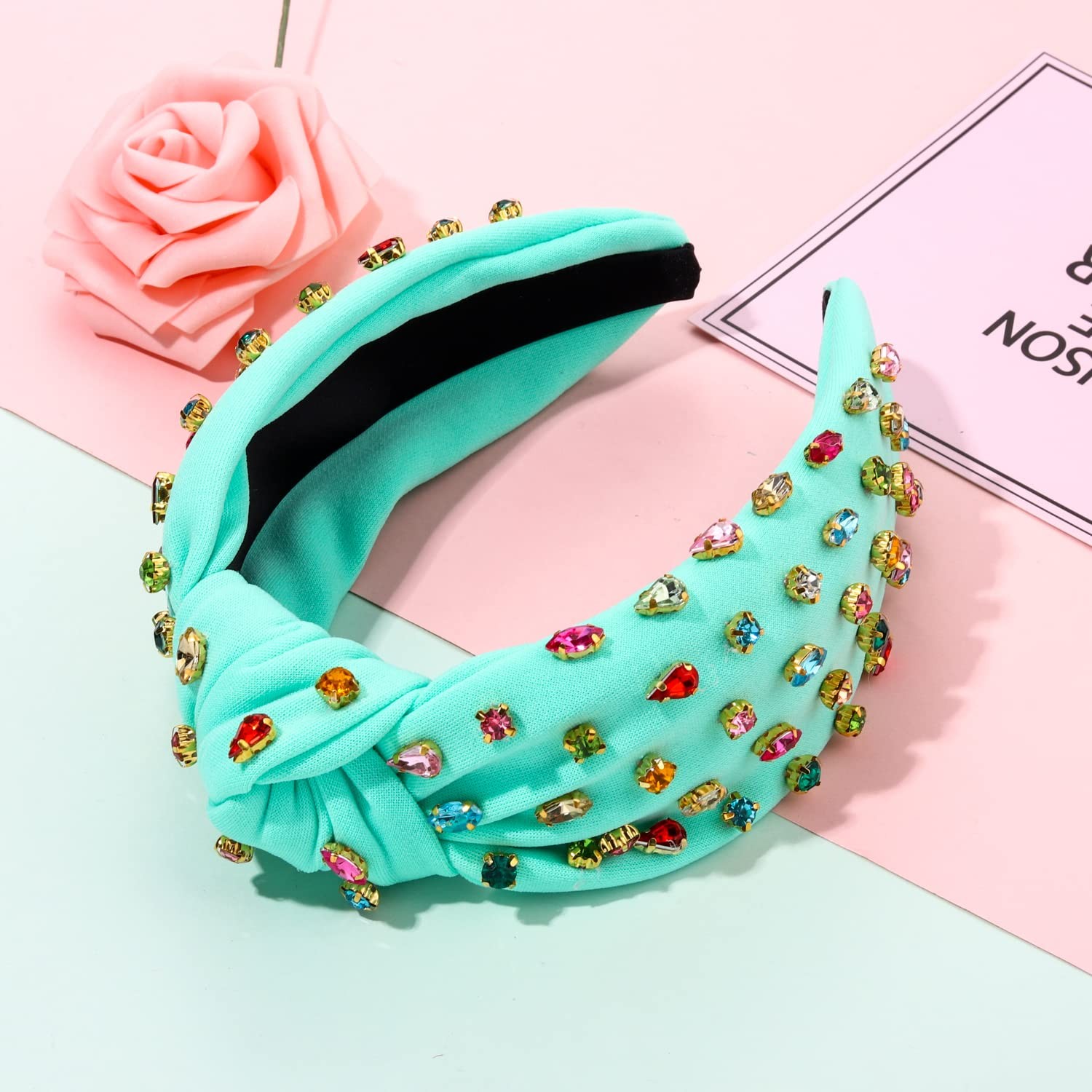 Green Rhinestone Crystal Beaded Jeweled Knotted Top Knot Headband For Women