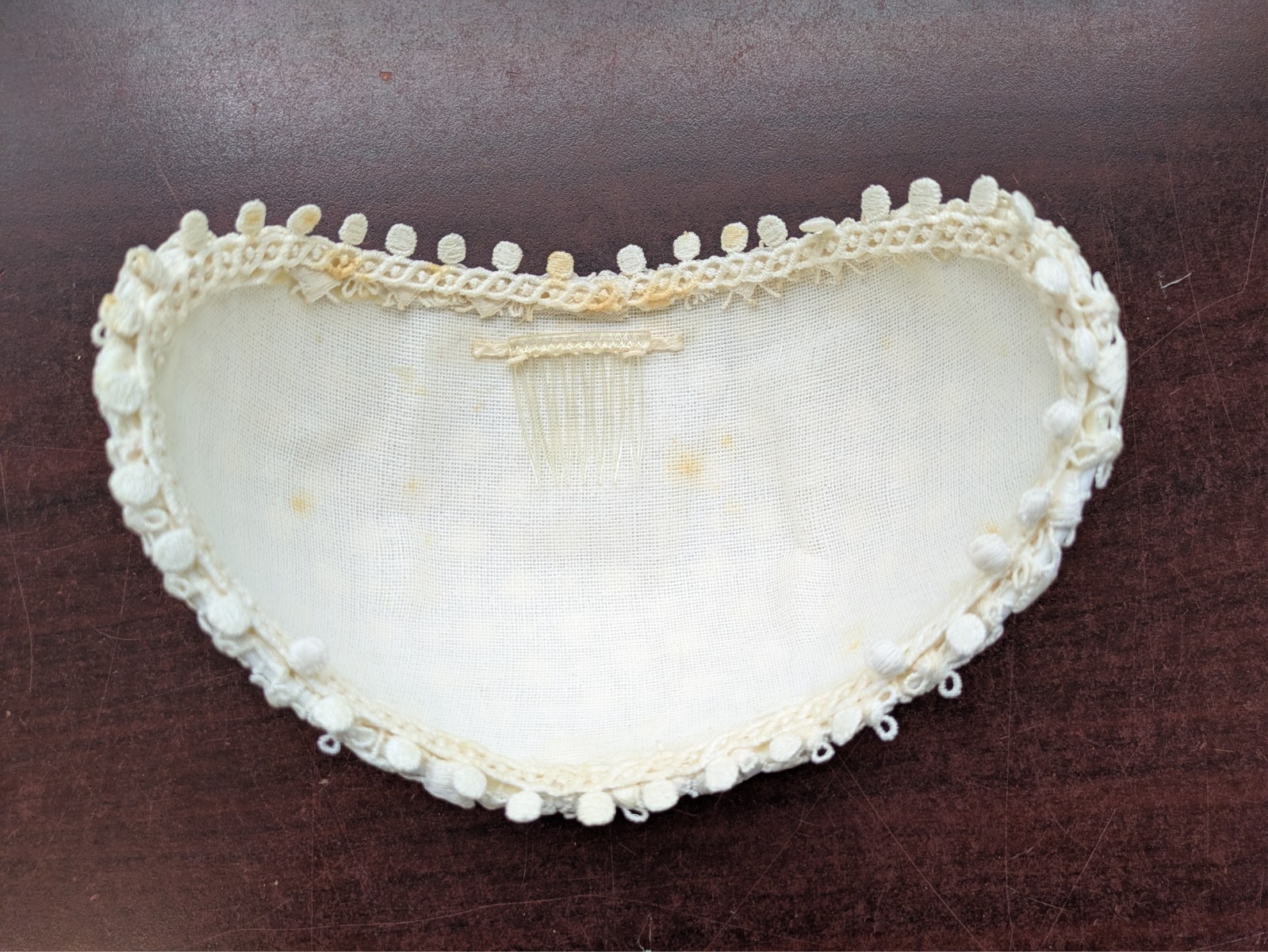 Vintage Ivory Lace Bonnet Hair Accessory Pom Pom Trim