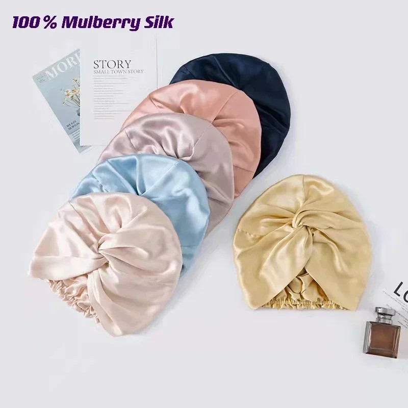 Mulberry 100 Silk Turban Bonnets for Women Twisted Sleeping Night Cap 19