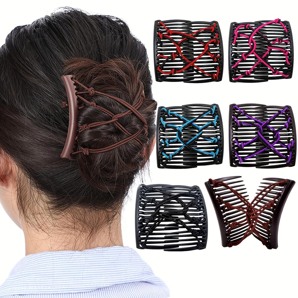 Stretchable Secure-Grip Comfortable 6-Piece Adjustable Elastic Double Hair Combs
