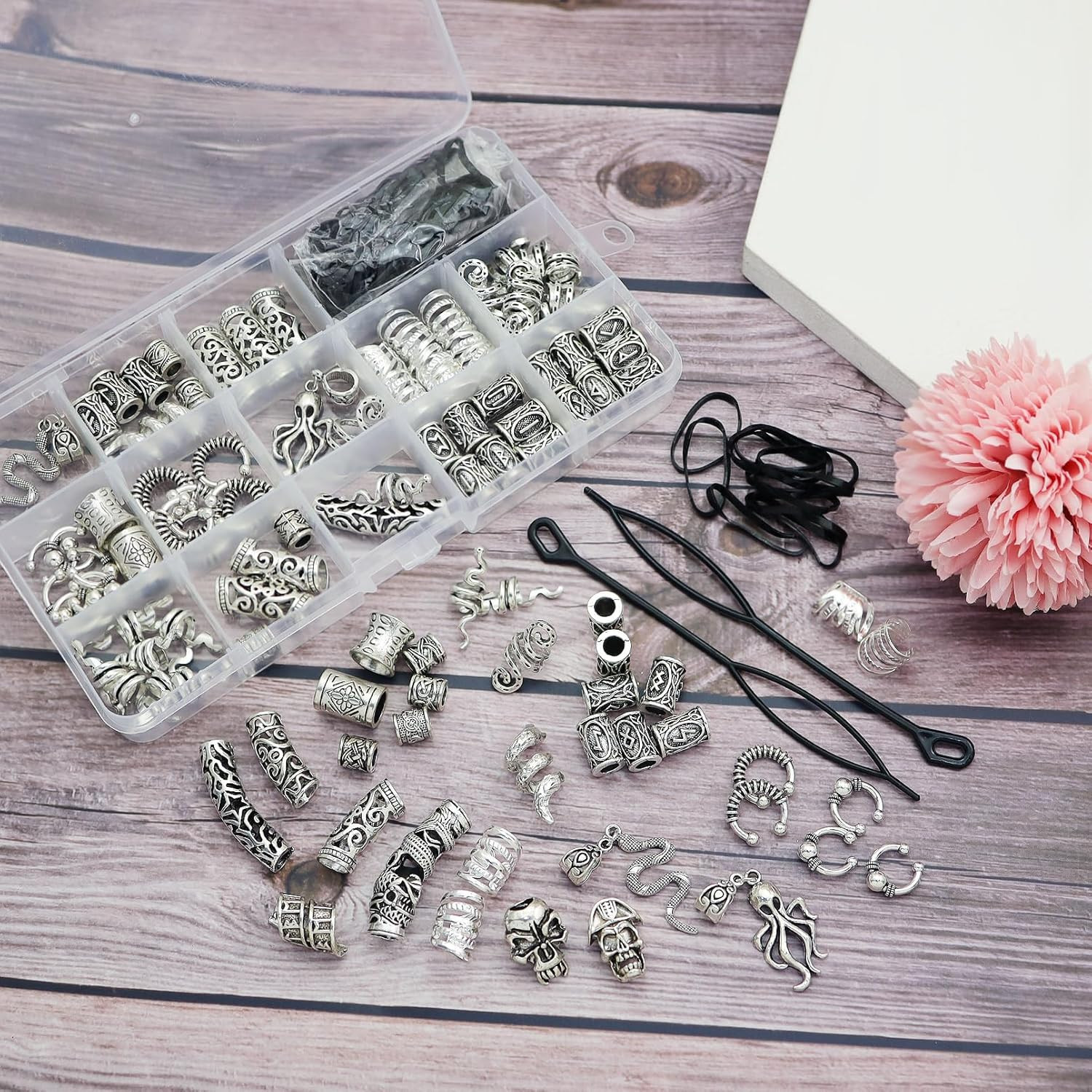 Fscwlmon 207Pcs Viking Hair Jewelry Nordic Runes Tube Beads,Accessories Kit for