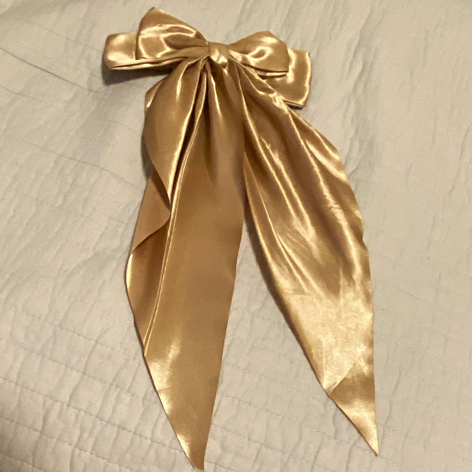 Gold Satin Bow Barrette Hair Clip Solid Long Tails Women All Hair Types