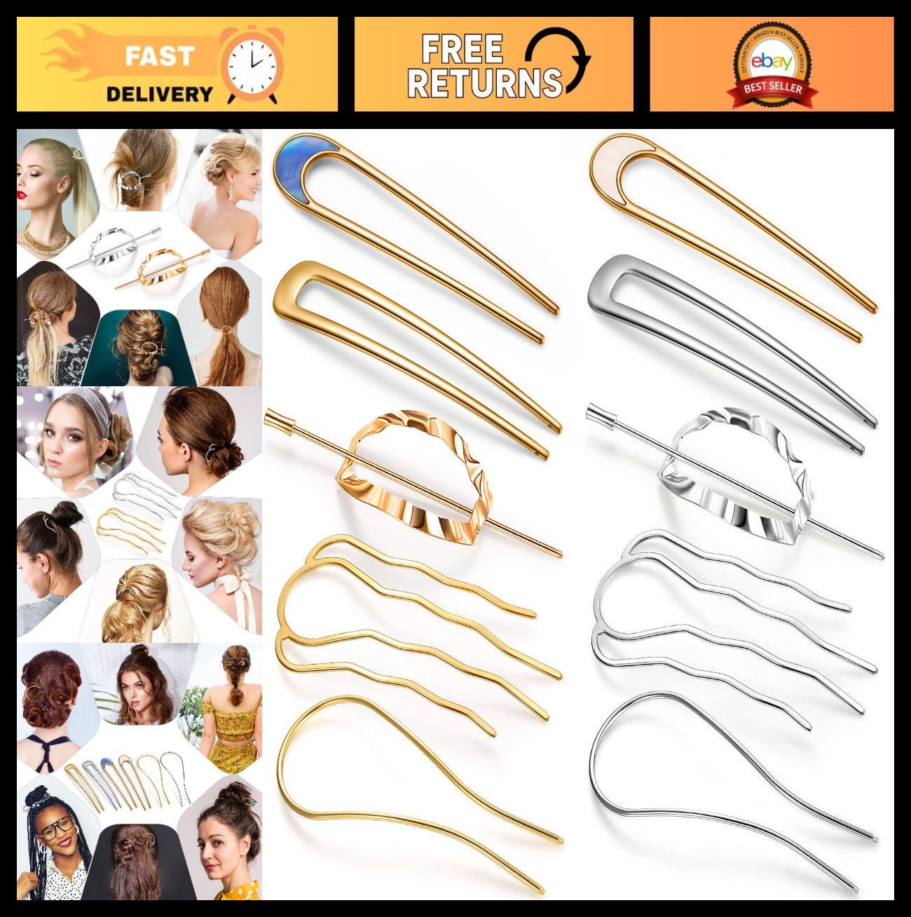10 Metal U-Shape Oval Side Combs Hairpins Hair Fork Clips for Updos & Buns