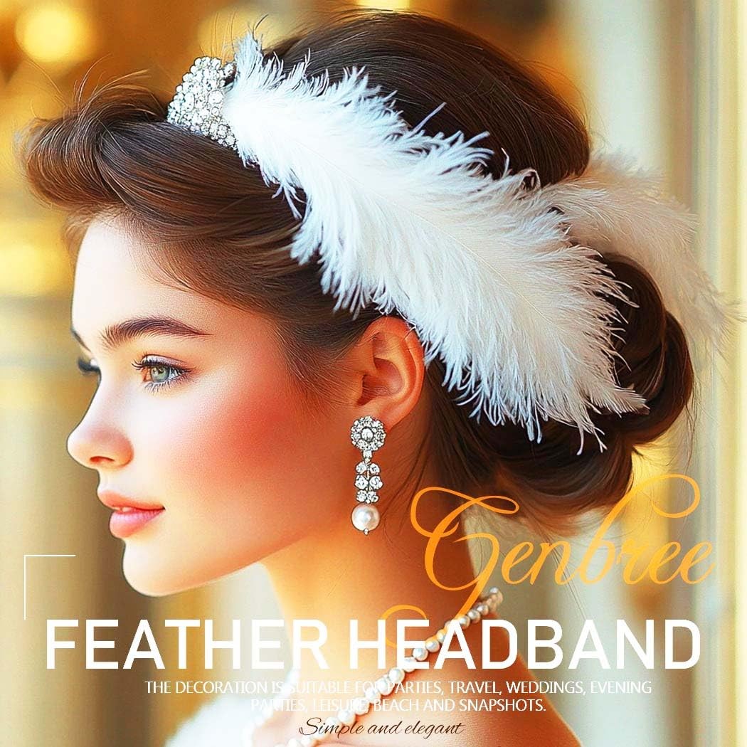 1 PC 1920s Flapper Headpiece White Feather Headband Rhinestone Party Hair